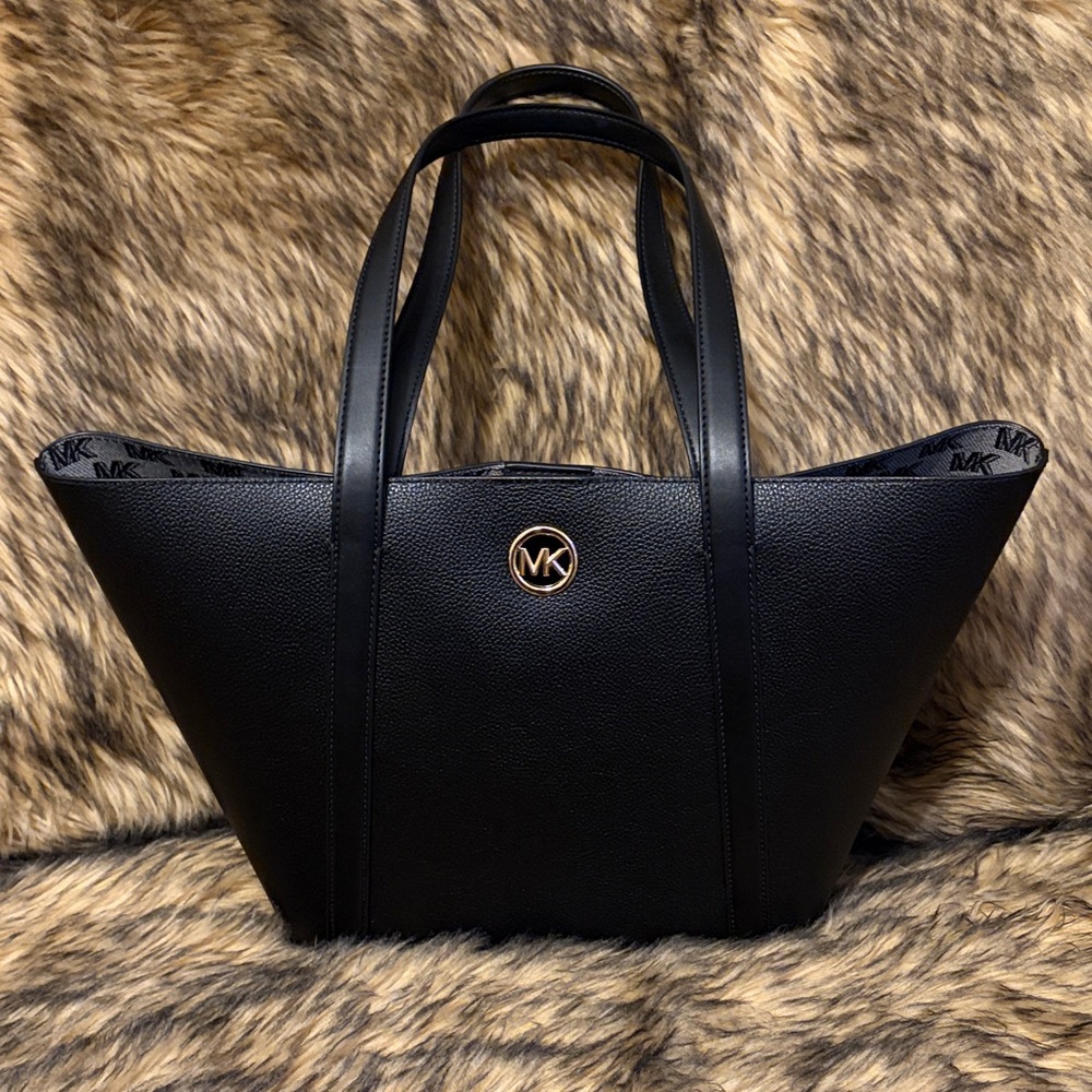 Michael Kors Black Leather Tote with Gold MK Emblem